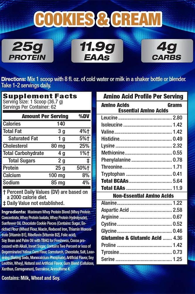 Nutritional information for MHP Maximum Whey Cookies & Cream flavor, highlighting protein, carbs, and amino acids per serving.