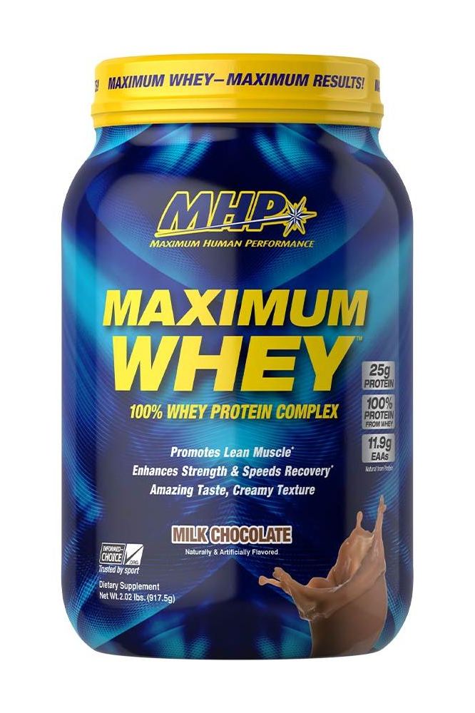 MHP Maximum Whey protein powder container, 100% whey complex, promotes muscle growth and recovery, milk chocolate flavor.
