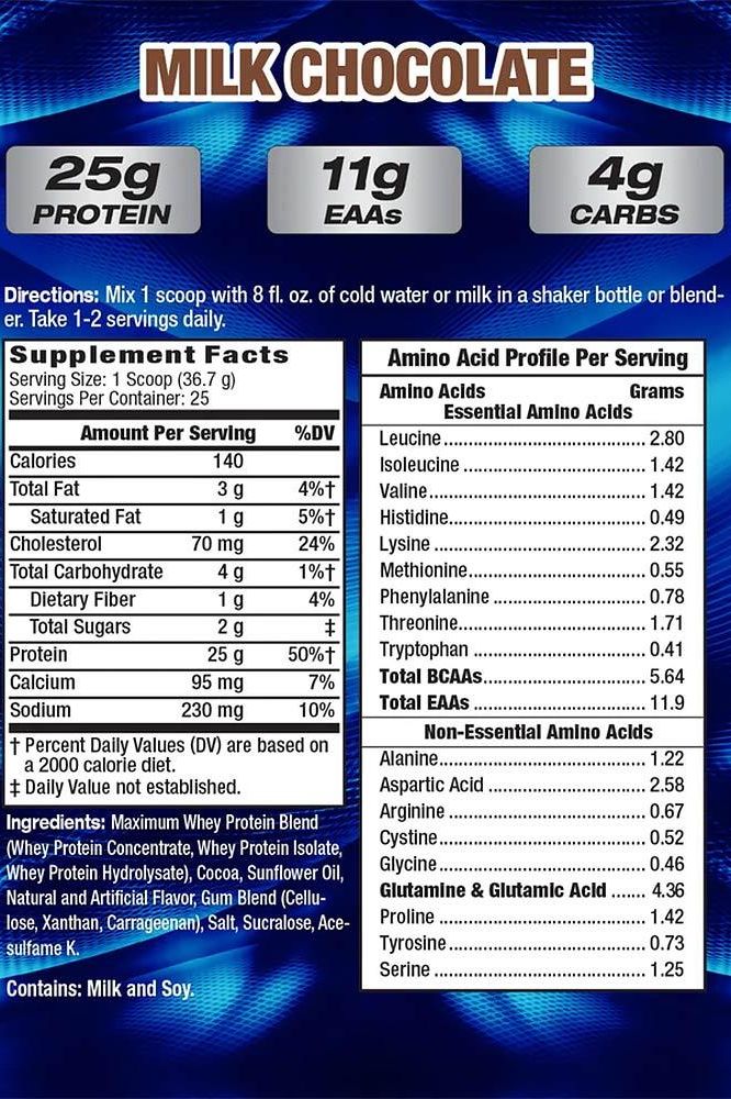 Supplement facts for MHP Maximum Whey Milk Chocolate flavor, featuring 25g protein, 11g EAAs, and 4g carbs per serving.