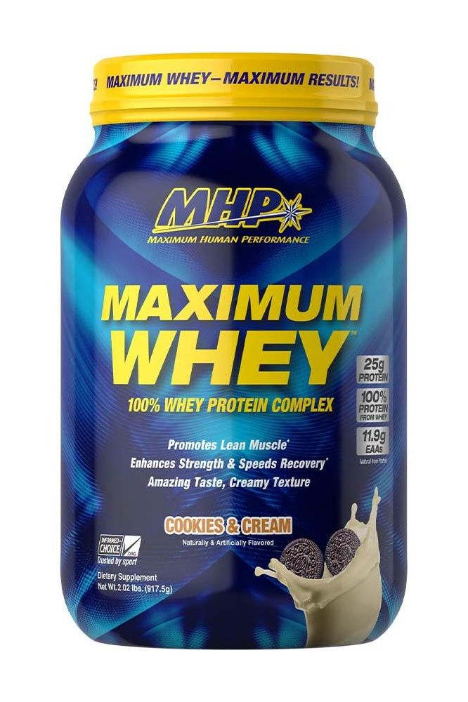 MHP Maximum Whey 100% Whey Protein complex, Cookies & Cream flavor, 25g protein per serving, promotes muscle growth.