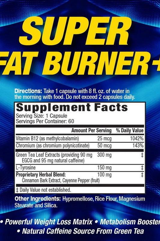 MHP Super Fat Burner+ supplement facts panel showing ingredients and directions for use.