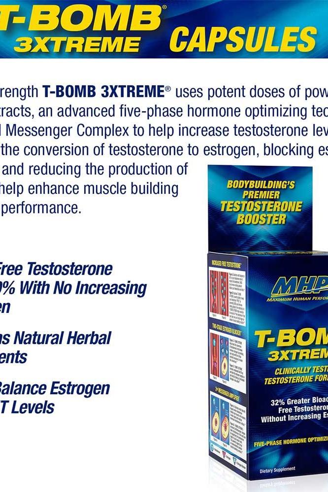 MHP T-Bomb 3XTREME supplement capsules for boosting testosterone and enhancing muscle performance.