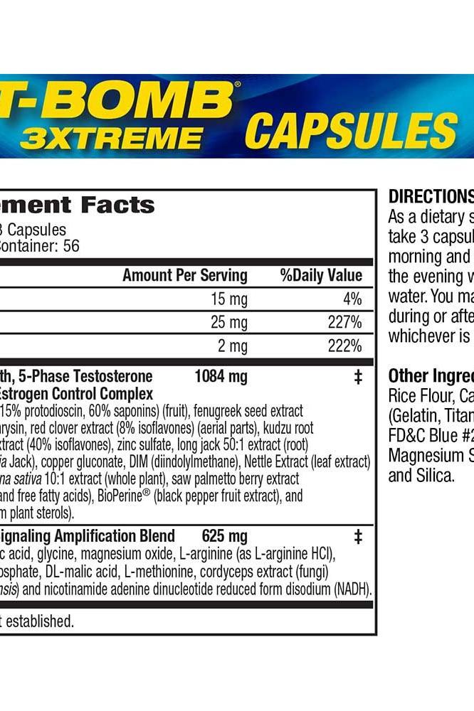 MHP T-Bomb 3Xtreme supplement facts and ingredient information, 168 tablets.
