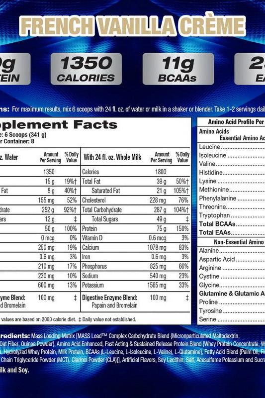 Nutritional supplement facts for MHP Up Your Mass XXXL 1350 with protein, calories, and BCAAs breakdown.