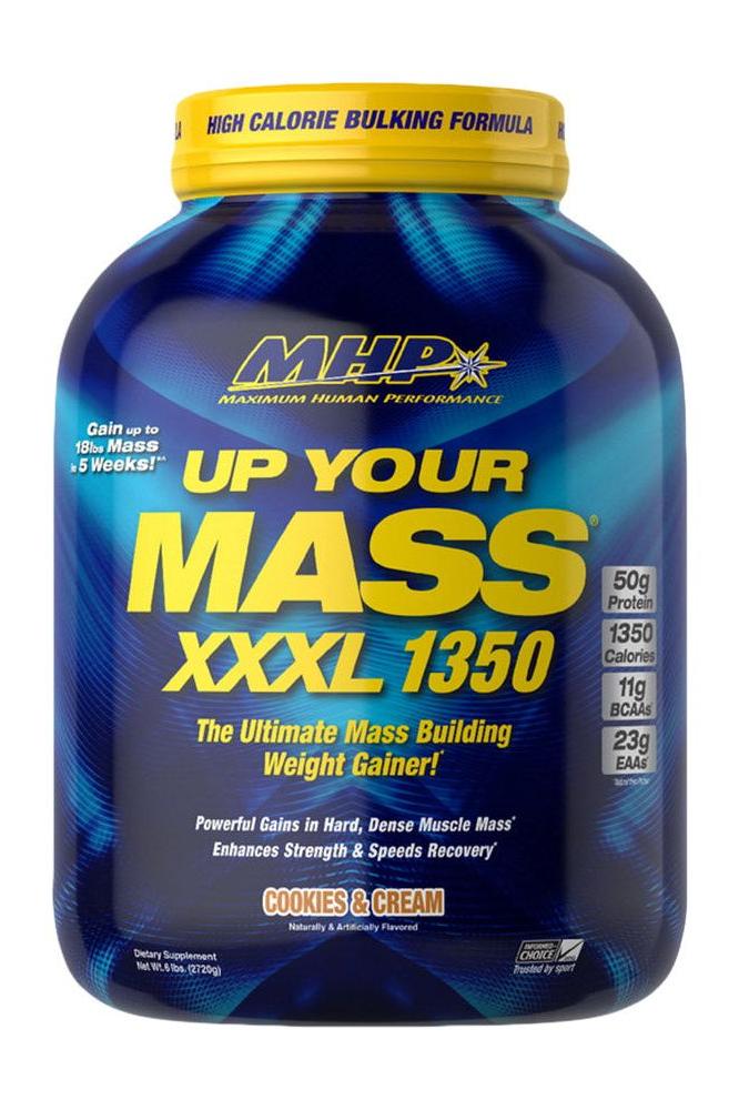 MHP Up Your Mass XXXL 1350 protein supplement for muscle gain, 1350 calories, cookies and cream flavor.