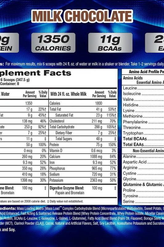 Nutrition label for MHP Up Your Mass XXXL 1350 in milk chocolate flavor showing protein, calories, and BCAAs.