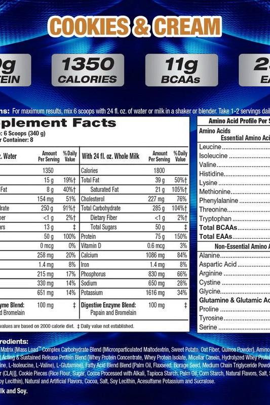 Nutritional information for MHP Up Your Mass XXXL 1350 cookies & cream flavor, featuring protein, calories, and BCAAs.
