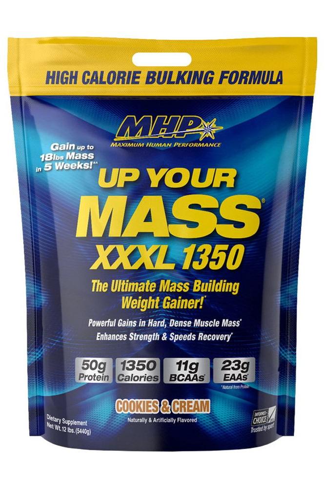 MHP Up Your Mass XXXL 1350 protein powder bag with 50g protein, 1350 calories for muscle gain, cookies & cream flavor.