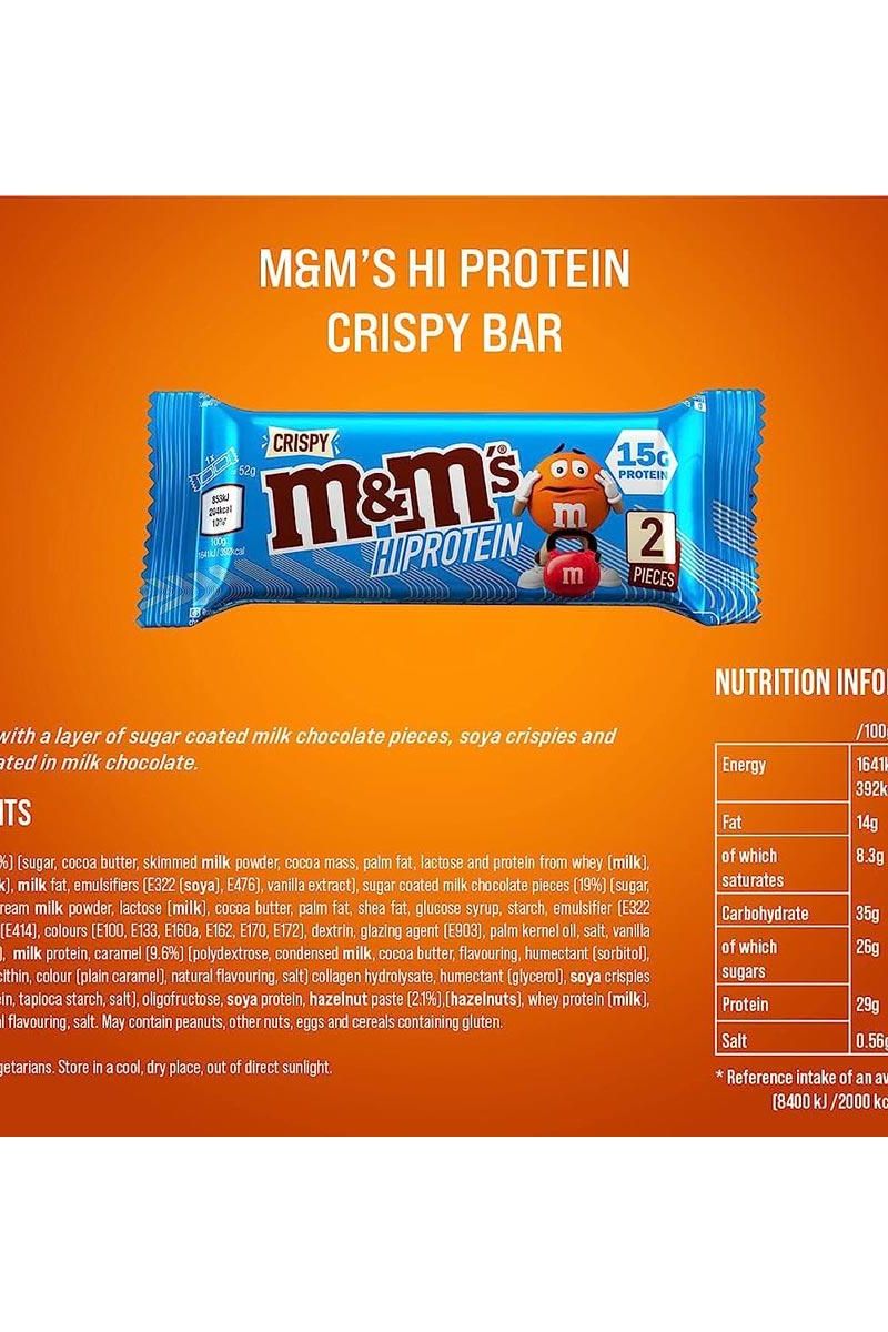M&M'S Hi Protein Crispy Bar packaging featuring 15g protein, low fat, and nutritional information.