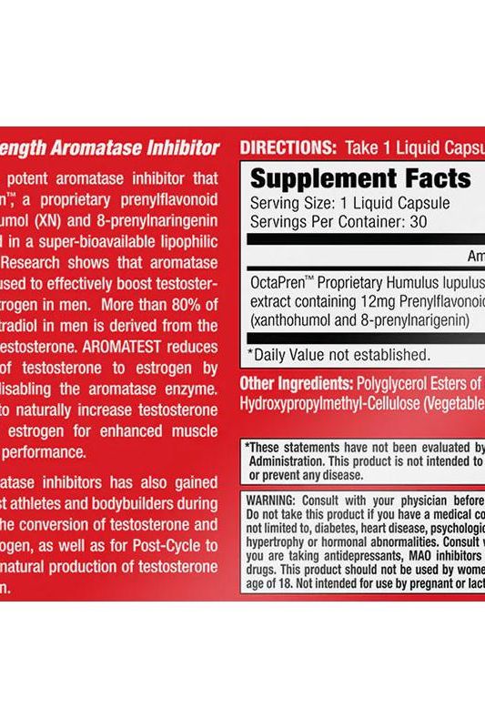 Supplement facts label for MuscleMeds Aromatest, a natural aromatase inhibitor in liquid capsule form.