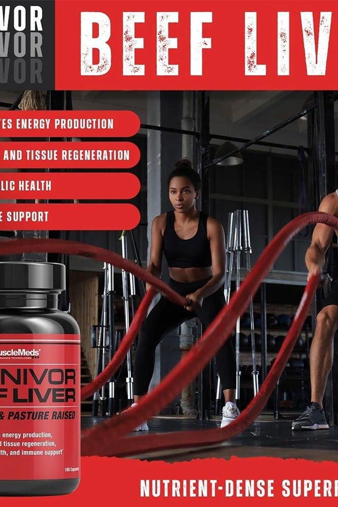 MuscleMeds Beef Liver supplement promoting energy, tissue regeneration, and muscle support in a gym setting.