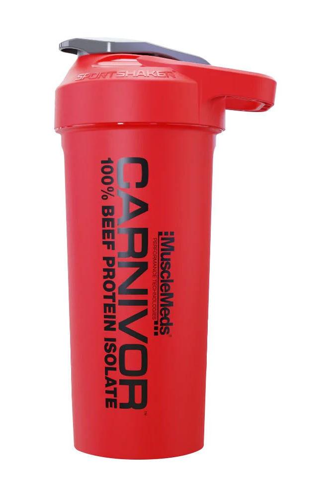 MuscleMeds Carnivor Shaker Cup in red, 100% beef protein isolate, durable, leak-proof design, 600 ml capacity.