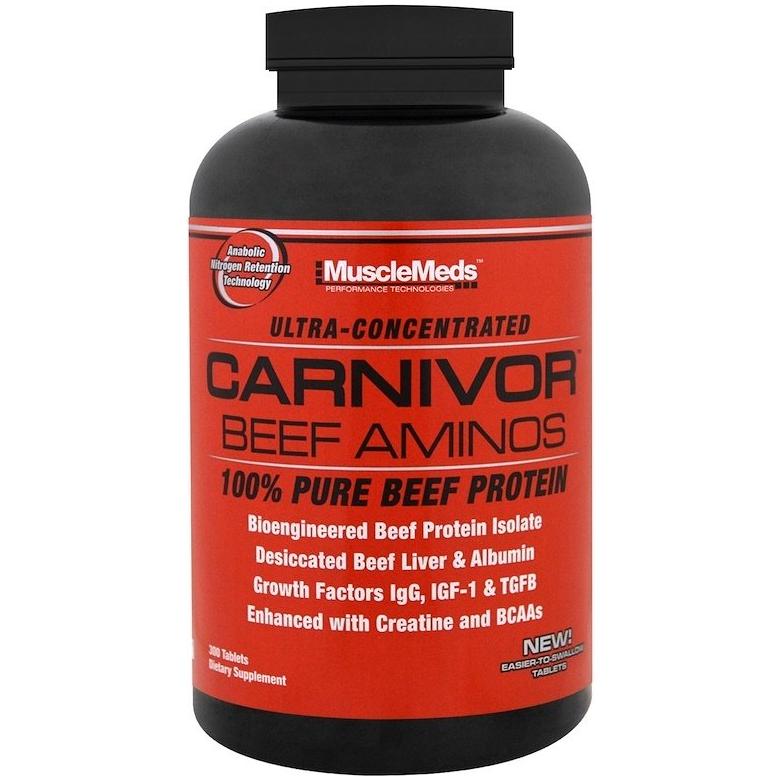 MuscleMeds Carnivor Beef Aminos supplement bottle featuring 100% pure beef protein for muscle recovery.