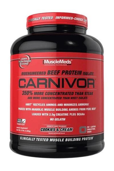 MuscleMeds CARNIVOR Beef Protein Isolate with Cookies & Cream flavor, packed with muscle-building aminos.