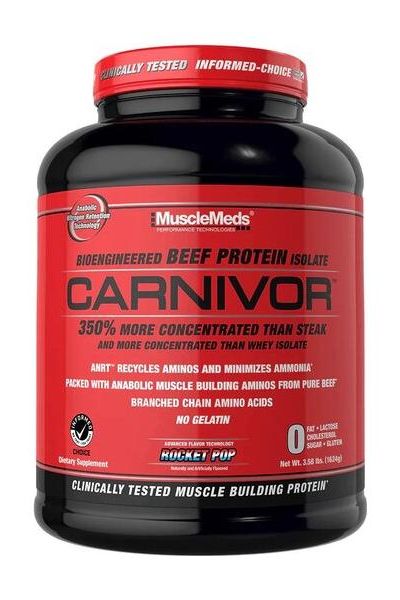 MuscleMeds Carnivor Beef Protein Isolate container with protein benefits highlighted.