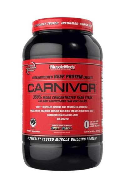 MuscleMeds CARNIVOR Beef Protein Isolate, high-concentration protein with 350% more anabolics than steak, fruit cereal flavor.