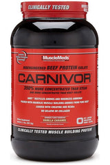 MuscleMeds Carnivor beef protein isolate in a canister for muscle building, clinically tested, vanilla caramel flavor.