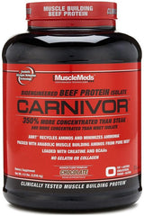 MuscleMeds Carnivor Beef Protein Isolate, chocolate flavor, advanced muscle building formula in a black container.