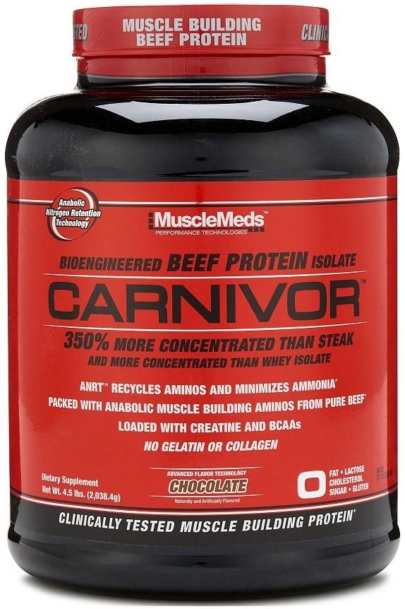MuscleMeds Carnivor Beef Protein Isolate chocolate flavor, muscle-building, lactose-free, clinically tested supplement