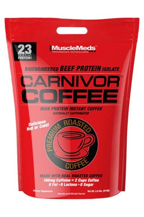 MuscleMeds Carnivor Coffee bag featuring beef protein isolate with 23g protein, 160mg caffeine, and premium roasted coffee.