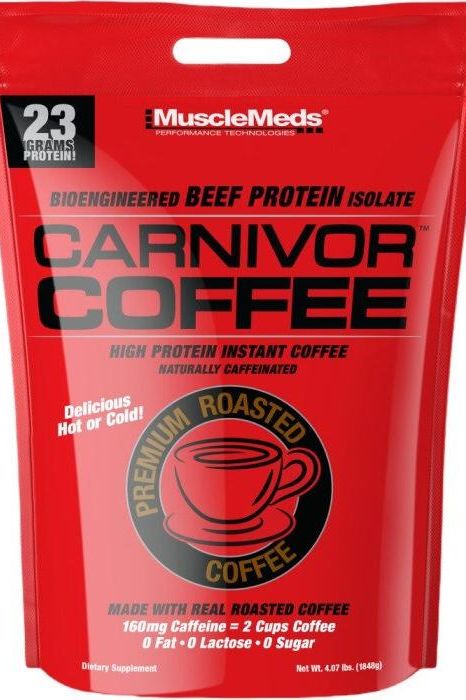 MuscleMeds Carnivor Coffee package featuring high protein beef isolate and delicious roasted coffee.
