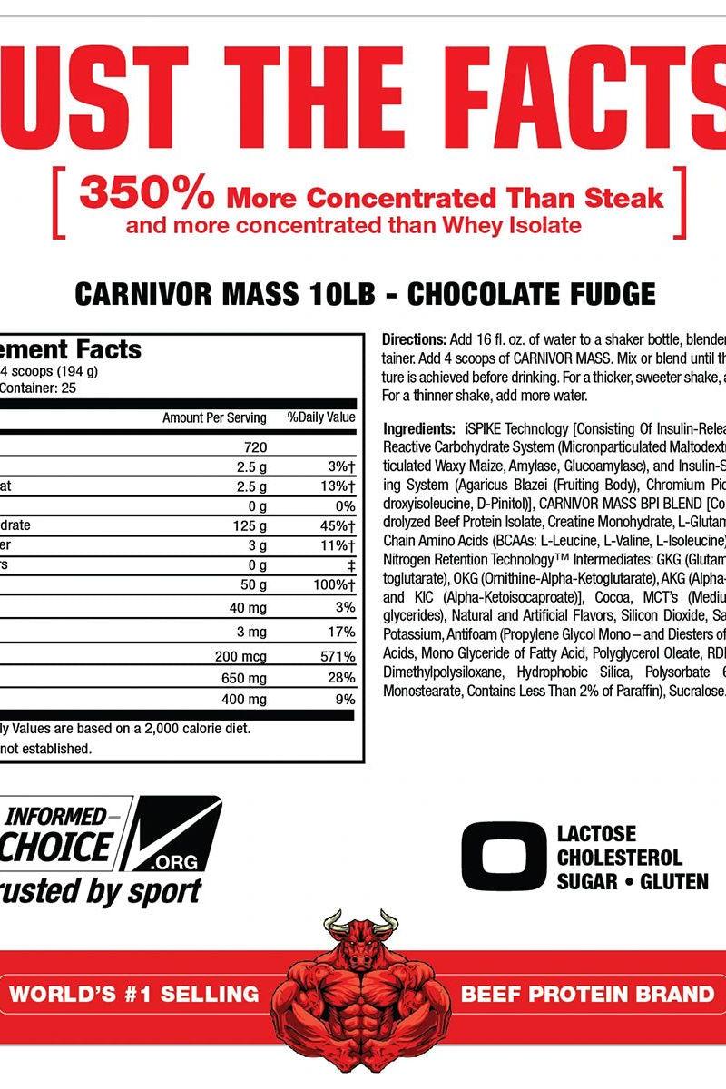 Nutritional facts for MuscleMeds Carnivor Mass chocolate fudge, highlighting protein content and benefits.