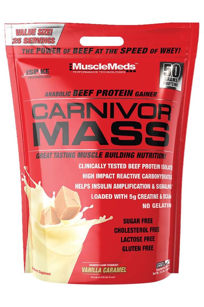 MuscleMeds Carnivor Mass protein gainer packaging featuring vanilla caramel flavor and muscle-building benefits.