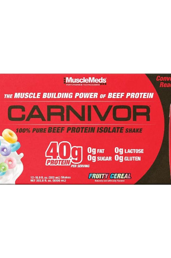 MuscleMeds Carnivor RTD Beef Protein Shake box featuring 40g protein, 0g fat, sugar, lactose, and gluten, Fruity Cereal flavor.
