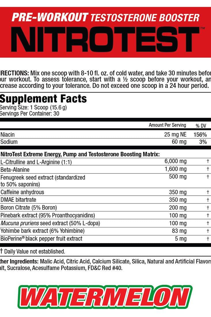 MuscleMeds Nitrotest supplement facts label for pre-workout testosterone booster, watermelon flavor.