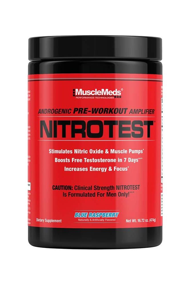 MuscleMeds Nitrotest 2-in-1 Pre-Workout and Test Booster, boosts testosterone and enhances energy.