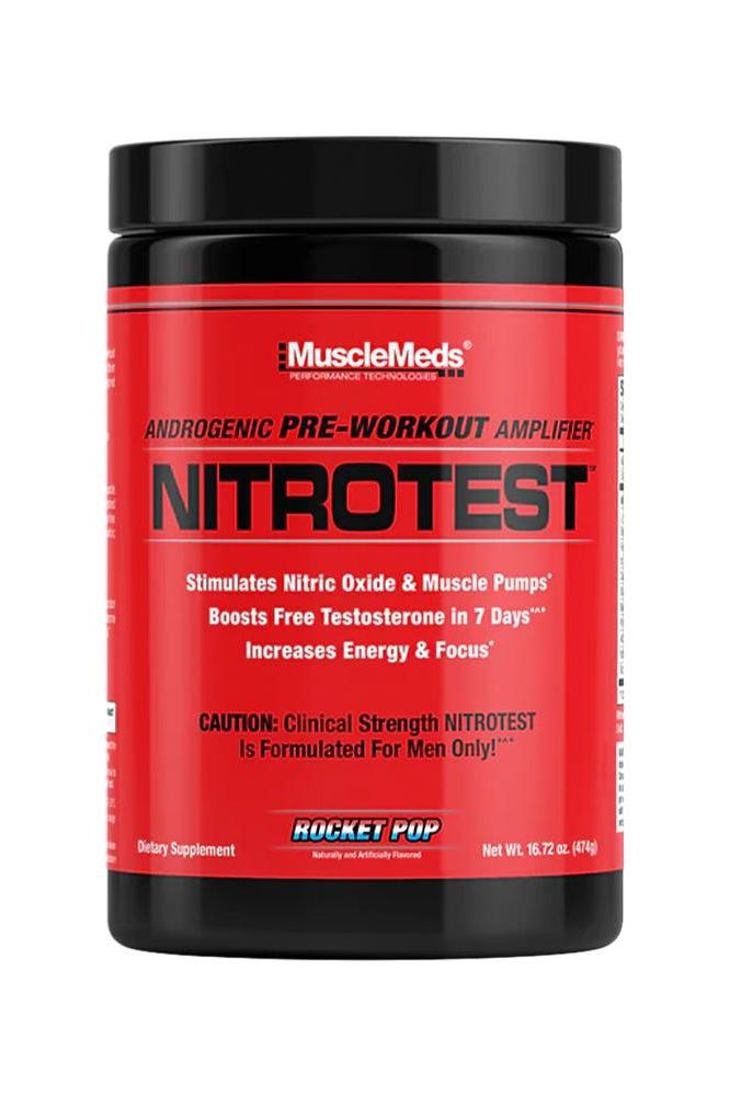 MuscleMeds Nitrotest pre-workout and test booster supplement in a red container, promotes energy and testosterone boost.