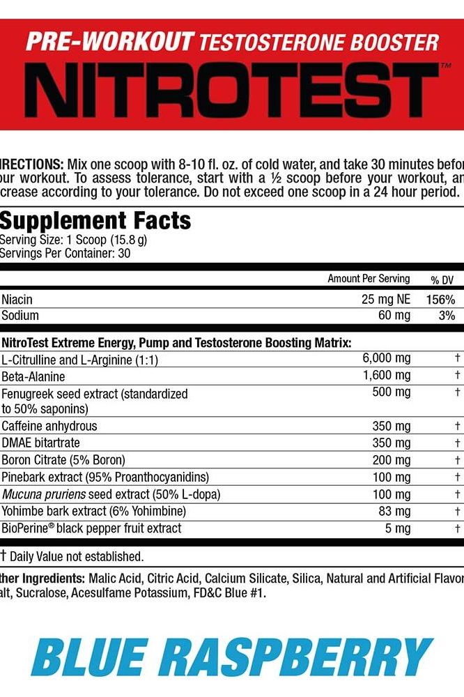 Supplement facts label for MuscleMeds Nitrotest pre-workout testosterone booster in blue raspberry flavor.