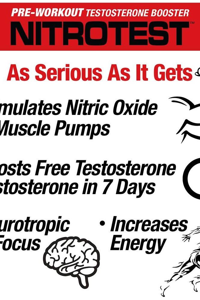 MuscleMeds Nitrotest pre-workout testosterone booster benefits: boosts testosterone, stimulates nitric oxide, increases energy.