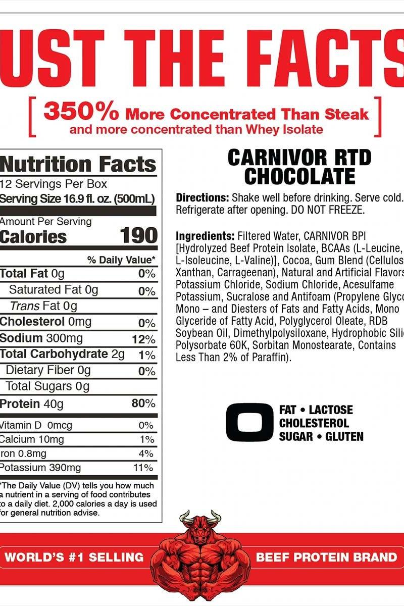 MuscleMeds Carnivor ready-to-drink chocolate beef protein isolate nutritional facts label.