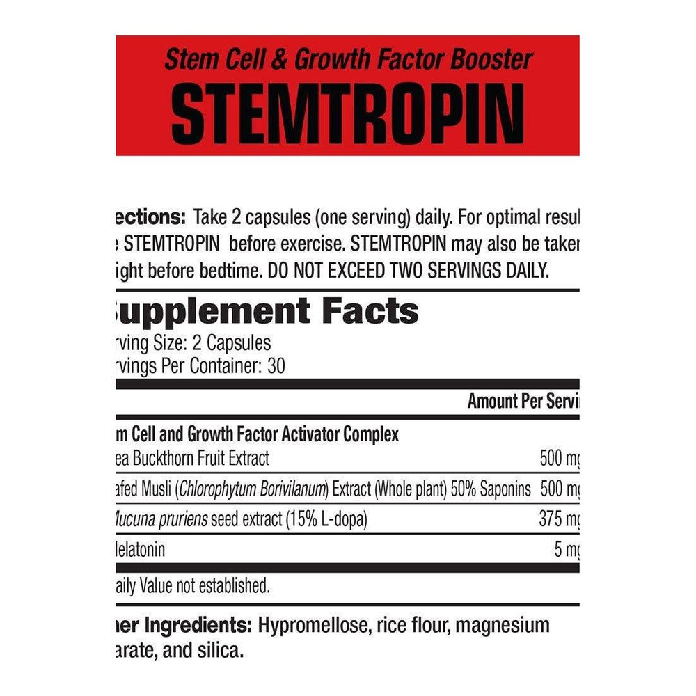 StemTropin supplement facts label detailing dosage and ingredients for muscle growth and recovery.