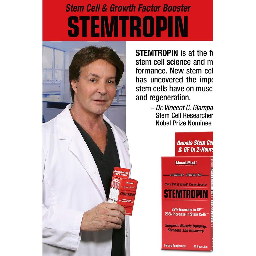MuscleMeds STEMPROPIN caplets for muscle building, recovery, and stem cell stimulation, held by Dr. Vincent C. Giampa.