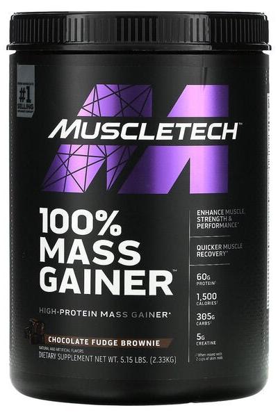 Muscletech 100% Mass Gainer protein supplement in Chocolate Fudge Brownie flavor, 5.15 lbs container.