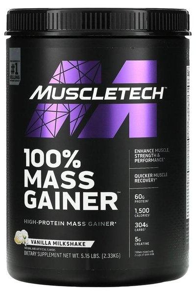 Muscletech 100% Mass Gainer protein supplement with vanilla milkshake flavor in a 5.15 lbs container.