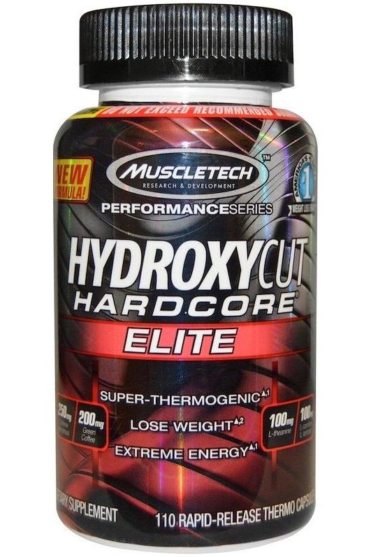 Muscletech Hydroxycut Hardcore Elite supplement bottle with 110 caps for weight loss and energy support.