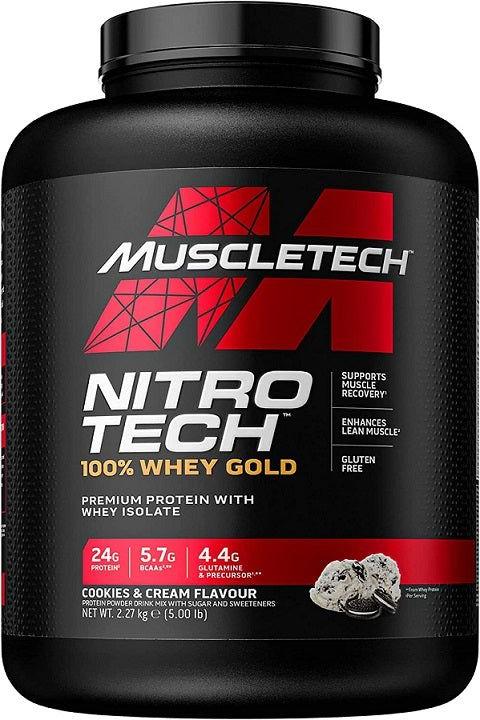 MuscleTech Nitro-Tech 100% Whey Gold protein powder container with cookies & cream flavor, offers 24g protein per serving.