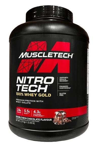 MuscleTech Nitro-Tech 100% Whey Gold protein powder container with 24g protein per serving.