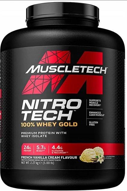 MuscleTech Nitro-Tech 100% Whey Gold protein powder with 24g protein per serving, French vanilla cream flavor.