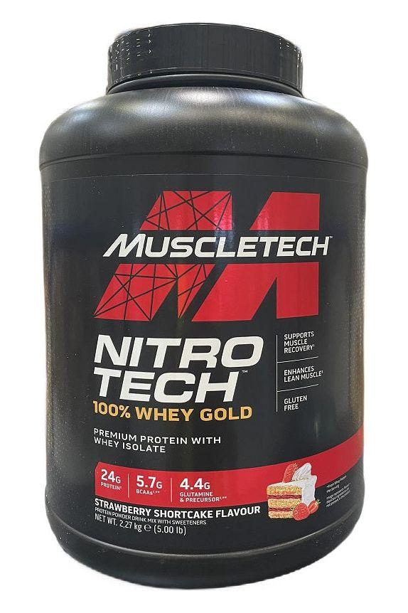 MuscleTech Nitro-Tech 100% Whey Gold strawberry shortcake flavor protein powder, 24g protein per serving.