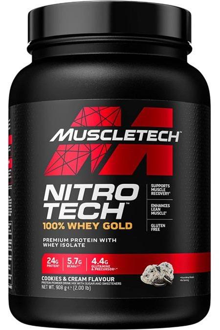 MuscleTech Nitro-Tech 100% Whey Gold protein powder, 24g protein, cookies & cream flavor, gluten-free formula.