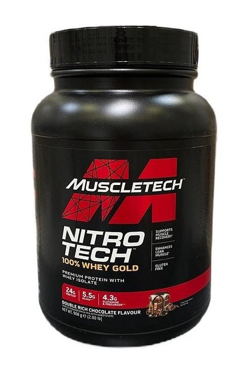 MuscleTech Nitro-Tech 100% Whey Gold protein powder with 24g protein per serving and double rich chocolate flavor.