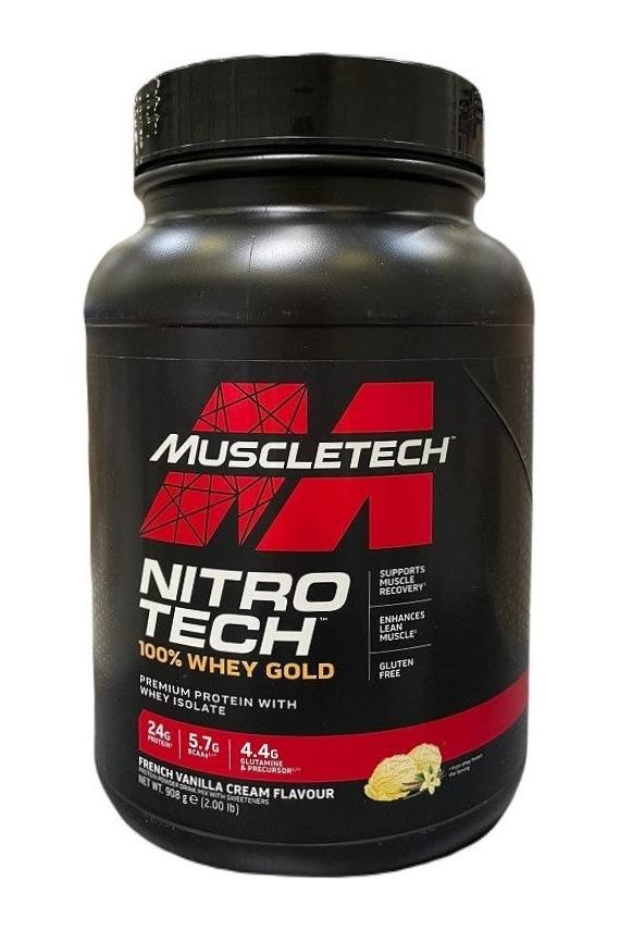 MuscleTech Nitro-Tech 100% Whey Gold protein powder in black tub with red and white label.