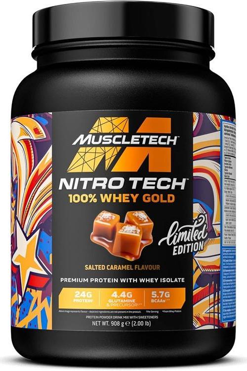 MuscleTech Nitro-Tech 100% Whey Gold Salted Caramel flavor, premium protein powder for muscle growth.
