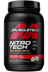 MuscleTech Nitro-Tech 100% Whey Gold protein powder with 24g protein and cookies & cream flavor.