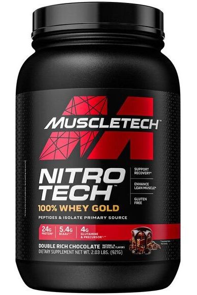 MuscleTech Nitro-Tech 100% Whey Gold protein supplement in Double Rich Chocolate flavor, 24g protein per serving.
