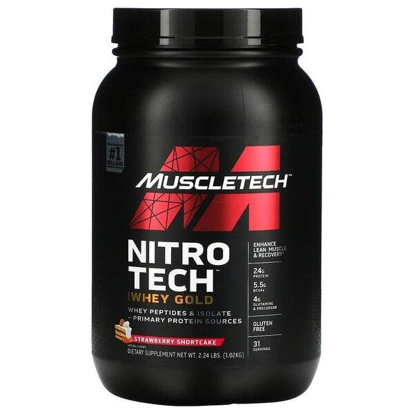 MuscleTech Nitro-Tech Whey Gold protein powder with strawberry shortcake flavor, 24g protein per serving.